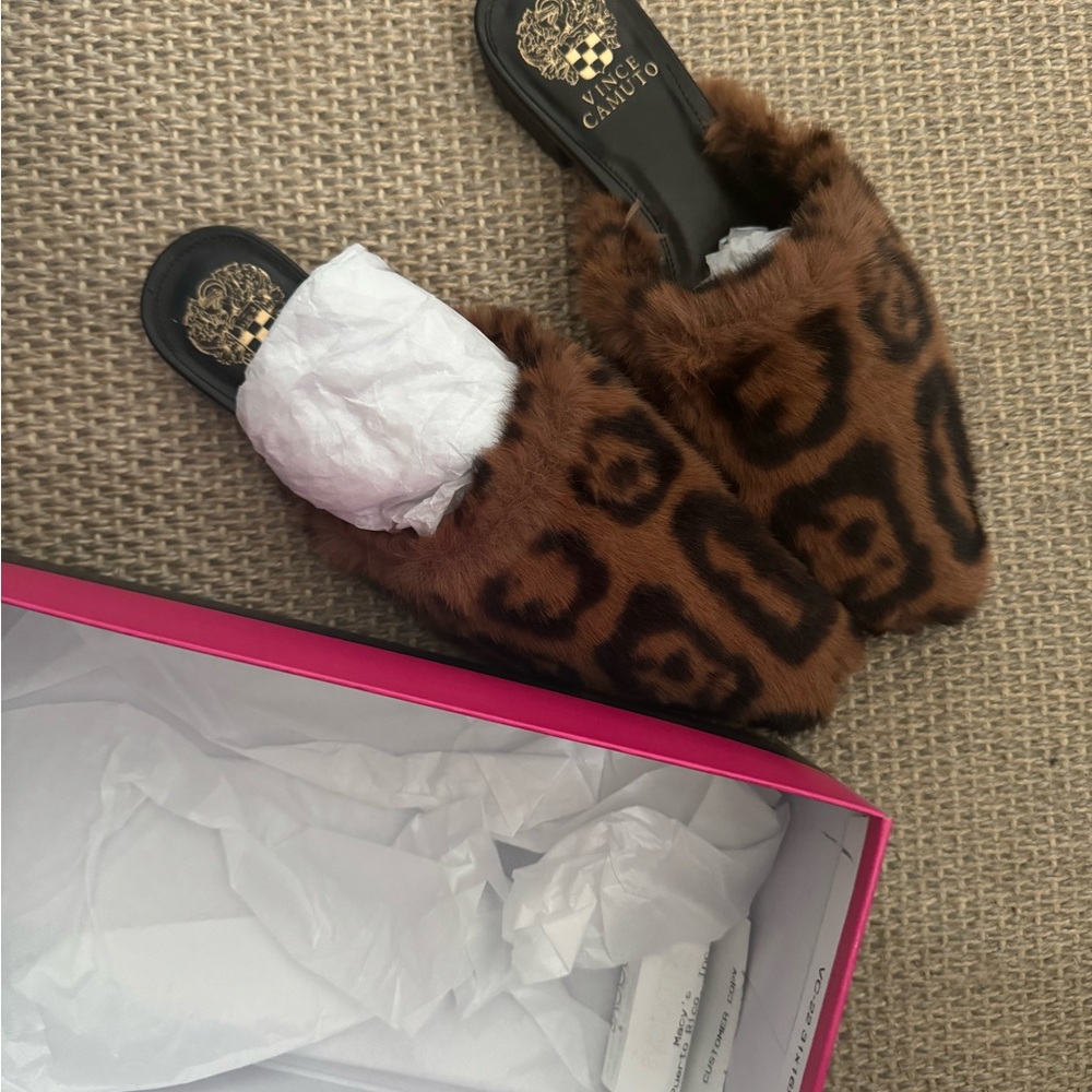 Vince Camuto Brown Leopard Print Fur Slides